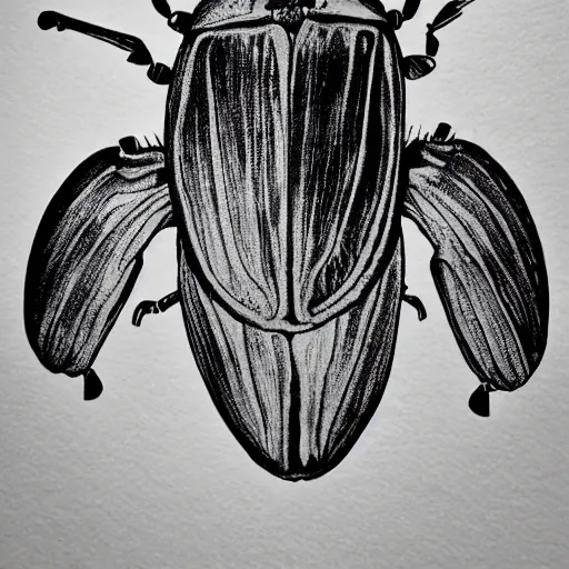 Prompt: beetle, black and white, botanical illustration, black ink on white paper, bold lines