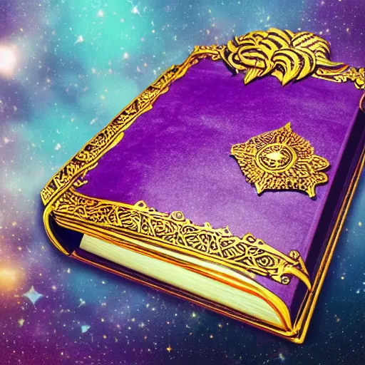 Prompt: a purple spell book with ornate filagree of imbued metal and gold sitting on top of a cloud with a space background