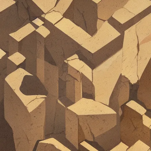 Image similar to masterpiece abstract intricate painting of detailed multiple layers of rocky material. highly geometric slanting down. isometric angles. beautiful use of light and shadow to create a sense of depth. using architectural brushwork and a limited earthy color palette, providing a mathematical sketchy look.