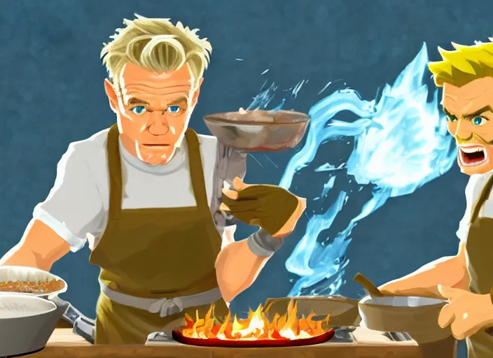 Prompt: gordon ramsey yelling at link for cooking burnt food in the style of breath of the wild, artstation