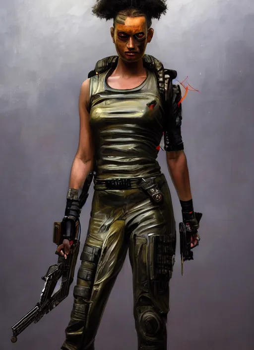 Prompt: Katana. beautiful cyberpunk soldier wearing a military vest and military jumpsuit (cyberpunk 2077). gorgeous african face. Iranian orientalist portrait by john william waterhouse and Edwin Longsden Long and Theodore Ralli and Nasreddine Dinet, oil on canvas. Cinematic, hyper realism, realistic proportions, dramatic lighting, high detail 4k