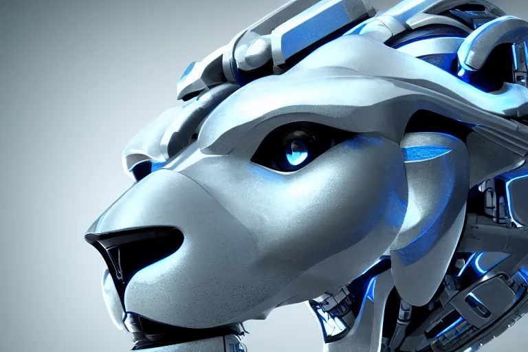 Prompt: lion, futuristic, cybernetic, metal, white blue grey, octane render, studio light,