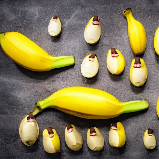 Image similar to professional photograph of banana ducks, peeled bananas with googly eyes and duck beaks