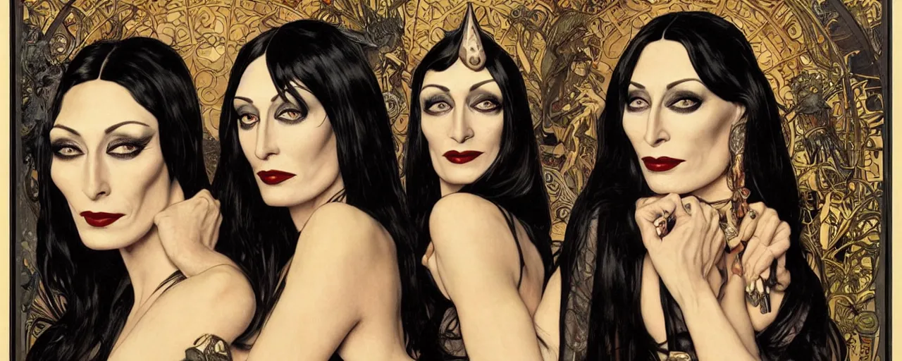 Image similar to stunning exotic art nouveau portrait of anjelica huston and morticia addams as industrial dieselpunk queens of the night by glenn fabry, simon bisley and alphonse mucha, photorealism, extremely hyperdetailed, perfect symmetrical facial features, perfect anatomy, ornate declotage, spikes, latex, confident expression, wry smile, sinister eyes