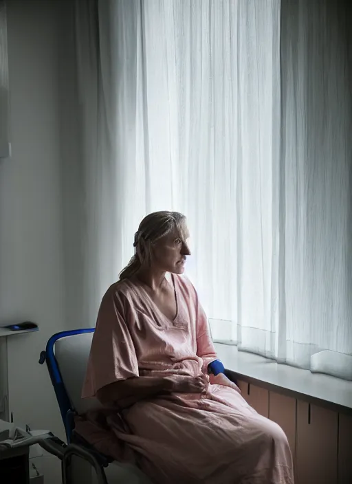 Prompt: medium shot, photo of a beautiful 4 0 year old woman hospital patient sitting in a norwegian hospital room, wearing a hospital gown, with an iv drip, looking out window. studio lighting, 3 5 mm, by charlie waite, max rive, caroline foster.