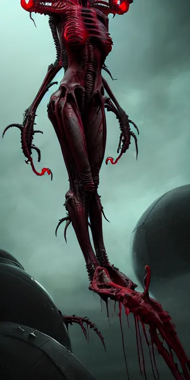 Image similar to Xenomorph alien goddess, red liquid dripping from above, 8k details, high details, sinister vibe, dark room, many wires attached to her, rib cage exposed, bodies in the back, menacing look, octane render, hyper realistic by h.r. giger and peter mohrbacher