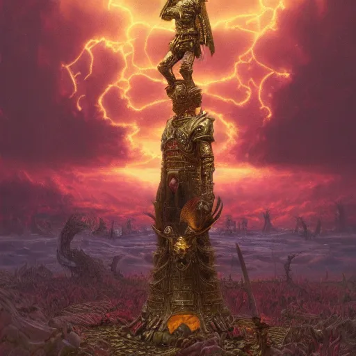 Image similar to anthropomorphic shiba inu, wearing gold armor, standing on pile of skulls, graveyard of skulls, fantasy 3 d render, masterpiece, glowing red light aura, by donato giancola and greg rutkowski and wayne barlow and zdzisław beksinski, realistic face