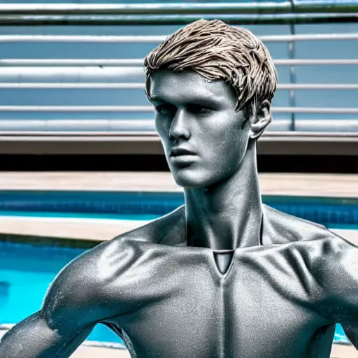 Image similar to a realistic detailed photo of a guy who is an attractive humanoid who is half robot and half humanoid, who is a male android, soccer player martin ødegaard, shiny skin, posing like a statue, blank stare, by the pool, on display, showing off his muscles, humanoid robot, frozen ice statue