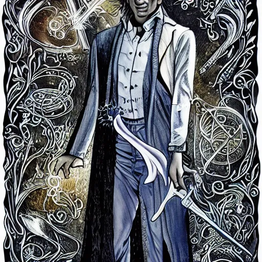 Image similar to highly detailed full body illustration of morpheus the god of dreams with his magical tools, written by neil gaiman