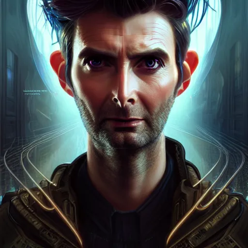 Image similar to portrait painting of a cyberpunk elven beautiful david tennant, ultra realistic, concept art, intricate details, eerie, highly detailed, photorealistic, octane render, 8 k, unreal engine. art by artgerm and greg rutkowski and charlie bowater and magali villeneuve and alphonse mucha