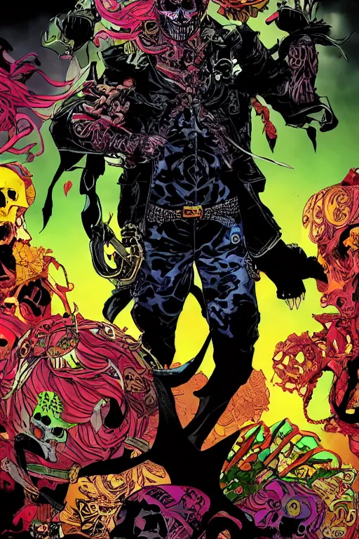 Prompt: A vibrant full body portrait of a new antihero character with a skull mask art by Jason Chan and Marc Silvestri, 4k, ominous, mysterious