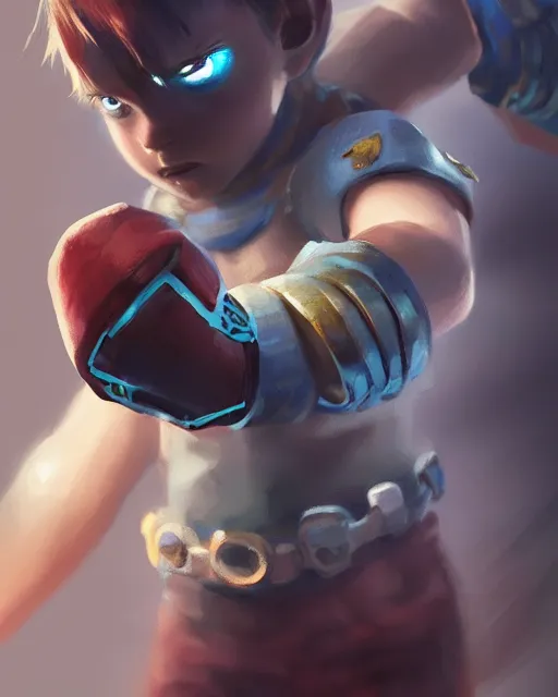 Prompt: a tiny kid with two huge powerful fist gauntlets, smooth, intricate, elegant, digital painting, artstation, concept art, sharp focus, illustration, art by koyoharu gotouge,