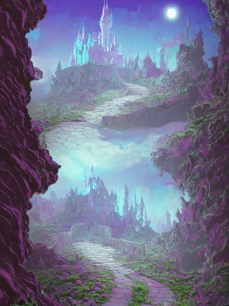 Prompt: a dreamy otherworldly 3 d render of stone pathway to castle, pixiv fanbox, dramatic lighting, maximalist pastel color palette, splatter paint, pixar and disney exploded - view drawing, graphic novel by fiona staples and dustin nguyen, peter elson, alan bean, wangechi mutu, clean cel shaded vector art, trending on artstation