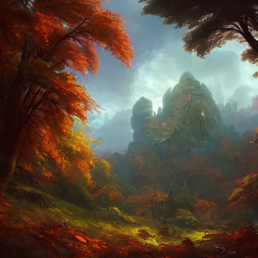 Image similar to autumn forest with a single giant crumbling copper warrior statue, fantasy concept art by tyler edlin, antoine blanchard, thomas cole