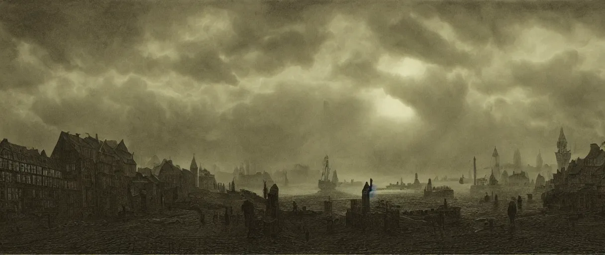 Prompt: an engraving of the shadow over innsmouth, lovecraftian atmosphere, caspar david friedrich, foggy, depth, strong shadows, stormclouds, illuminated focal point, highly detailed