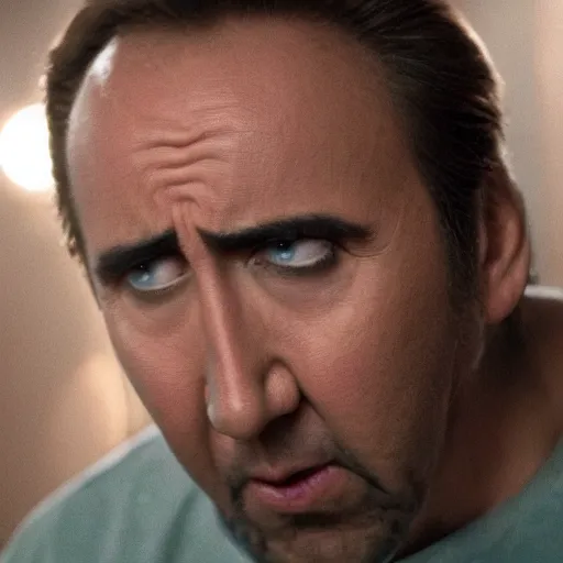 Image similar to nicolas cage trapped in a wicker cage with peas on his face, screaming, movie still, hdr