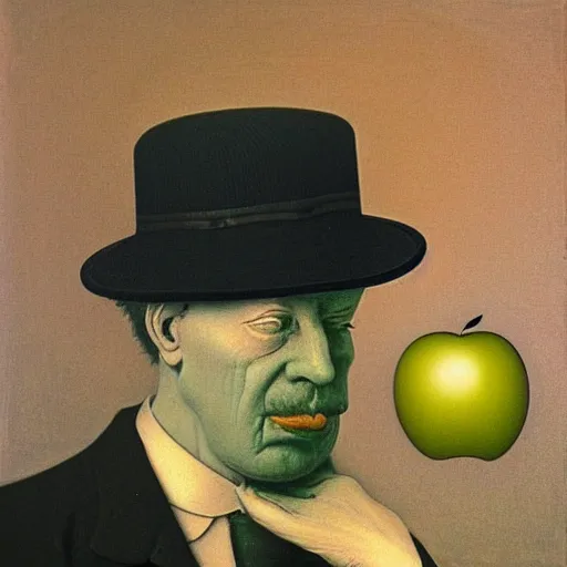 Prompt: Victorian gentlemen wearing a bowler hat behind the green apple, by beksinski and magritte