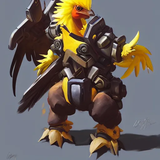 Prompt: greg manchess portrait painting of fully armed chocobo as overwatch character, medium shot, asymmetrical, profile picture, organic painting, sunny day, matte painting, bold shapes, hard edges, street art, trending on artstation, by huang guangjian and gil elvgren and sachin teng