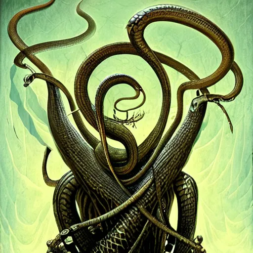 Image similar to a snake oil salesman that is also a grinning anthropomorphic snake, dave mckean, hr giger, peter mohrbacher, wayne barlowe