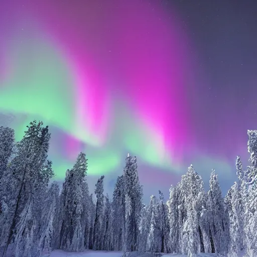 Prompt: high res cinematic film still of a frozen forest with aurora in the sky 4k