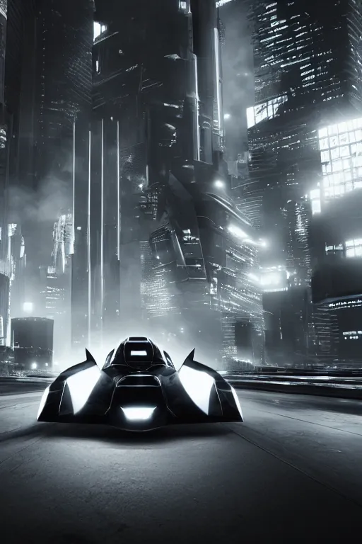 Prompt: the batmobile driving through a futuristic city. fluorescent light. pov from behind the wheel. octane render. 8 k. monochrome. black and white. mist. atmospheric. cinematic.