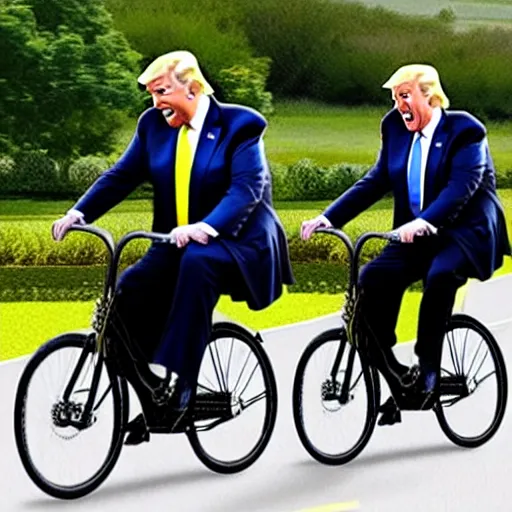 Image similar to joe biden and donald trump drunkenly riding a tandem bike together, laughing and joking, photorealistic, detailed