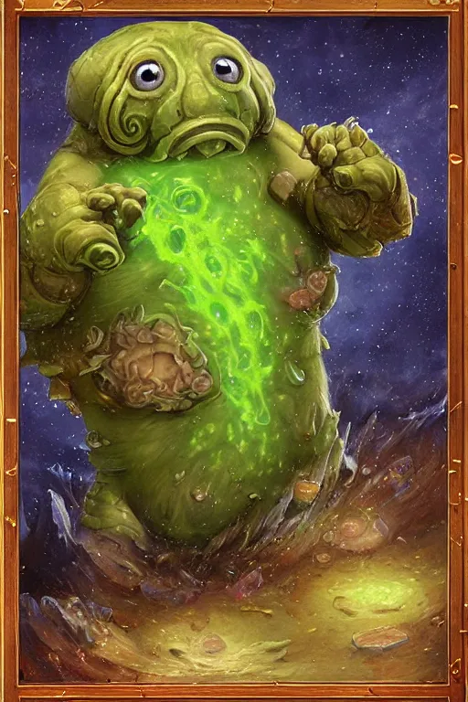 Prompt: 2 d glowing tardigarde, cute tardigrade, blizzard warcraft artwork, hearthstone card artwork oil painting by jan van eyck, northern renaissance art, oil on canvas, wet - on - wet technique, realistic, expressive emotions, intricate textures, illusionistic detail