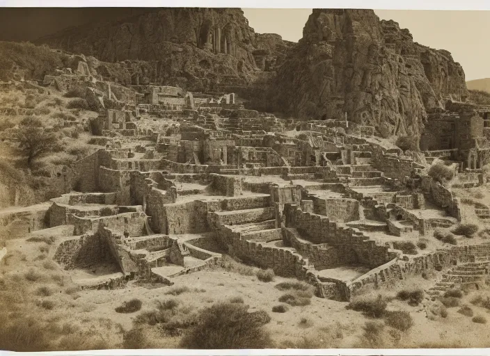 Image similar to Photograph of sprawling pueblo ruins carved out of a cliff face, showing terraced gardens and narrow stairs in lush desert vegetation in the foreground, albumen silver print, Smithsonian American Art Museum