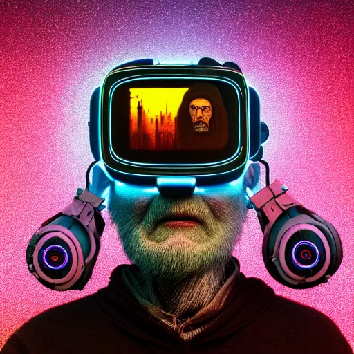 Image similar to Colour Photography of 1000 years old man with highly detailed 1000 years old face wearing higly detailed cyberpunk VR Headset designed by Josan Gonzalez . in style of Josan Gonzalez and Johannes Vermeer and Mike Winkelmann and Caspar David Friedrich. Rendered in Blender