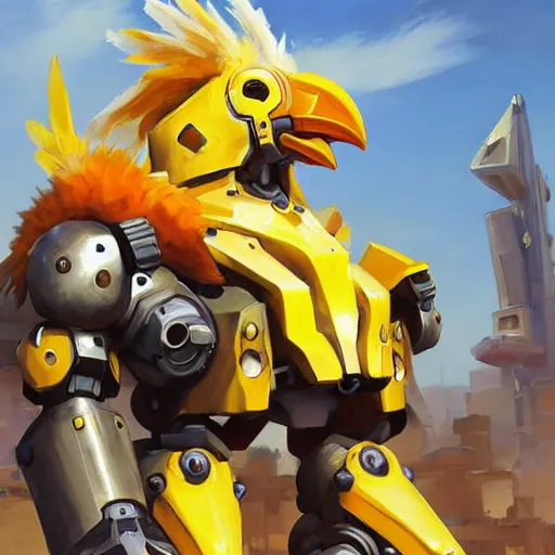 Image similar to greg manchess portrait painting of fully armored chocobo on top of a huge mecha as overwatch character, totally whack, medium shot, asymmetrical, profile picture, organic painting, sunny day, matte painting, bold shapes, hard edges, street art, trending on artstation, by huang guangjian and gil elvgren and sachin teng