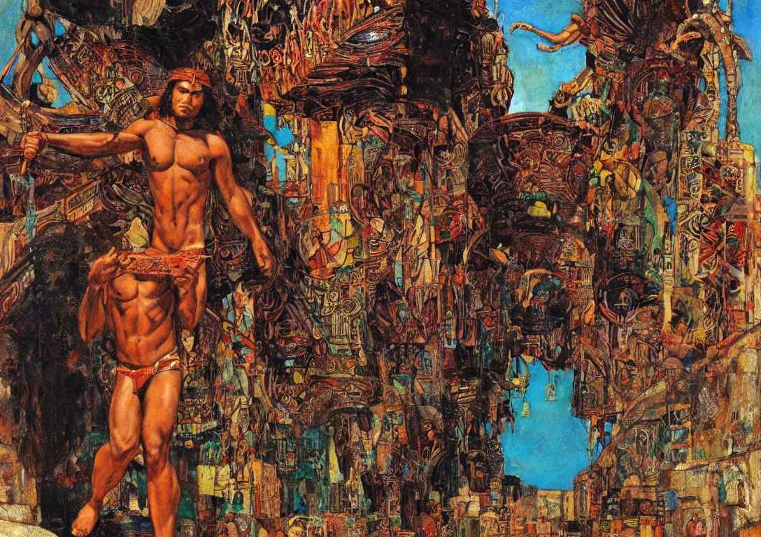 Prompt: a polynesian greek god searching through the streets of an abandoned city, sparse detail, complementary color scheme, by george luks, mati klarwein and moebius