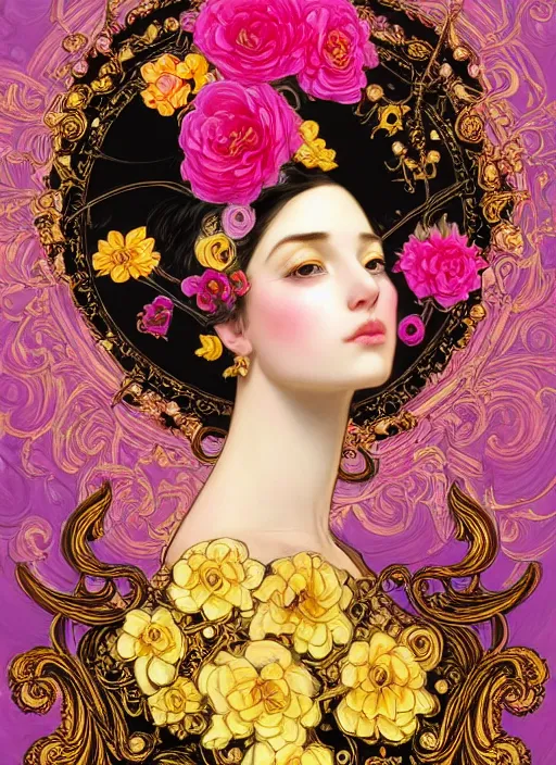 Image similar to beautiful black pink yellow, complicated gold and pink flowers in baroque style headwears, dark fantasy, intricate, elegant, highly detailed, digital painting, artstation, highly saturated colors, concept art, matte, 3 d 8 k octane rendered, sharp focus, illustration, octane rendered, art by artgerm and alphonse mucha, leesha hannigan