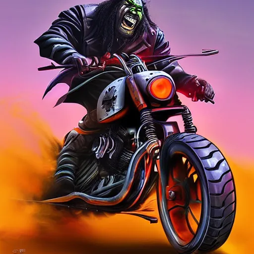 Prompt: colorful airbrush artwork, motorcycle, stylized action shot of an orc biker riding a motorcycle, drifting, skidding, wheelie, clear focused details, soft airbrushed artwork, black background, cgsociety, artstation