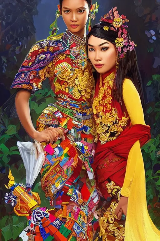 Prompt: hand holding a lego, portrait of a beautiful indonesian supermodels wearing traditional costume, highly detailed, digital painting, artstation, concept art, sharp focus, illustration, art by kittichai rueangchaichan and james gurney and alphonse mucha