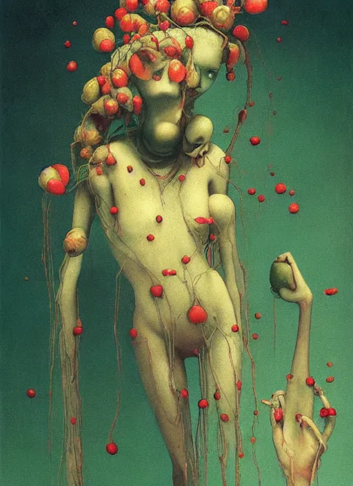 Prompt: She Eats of the Strangling Fruit and Her spiderlike gossamer glistening polyp blossoms bring iridescent fungal flowers whose spores black the foolish stars Edward Hopper and James Gilleard, Zdzislaw Beksinski, Mark Ryden, Wolfgang Lettl highly detailed