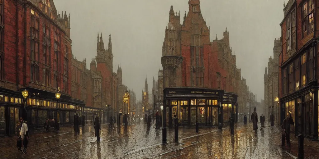 Image similar to Victorian city street with front view of shops on a rainy day in London, evening, low angle view, detailed matte painting, cinematic, John Atkinson Grimshaw, Artstation