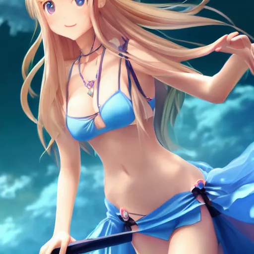 Image similar to a very beautiful mature yuuki asuna, full body, long wavy blond hair, sky blue eyes, full round face, bikini, miniskirt, front view, mid - shot, cute pose, highly detailed, cinematic wallpaper by stanley artgerm lau