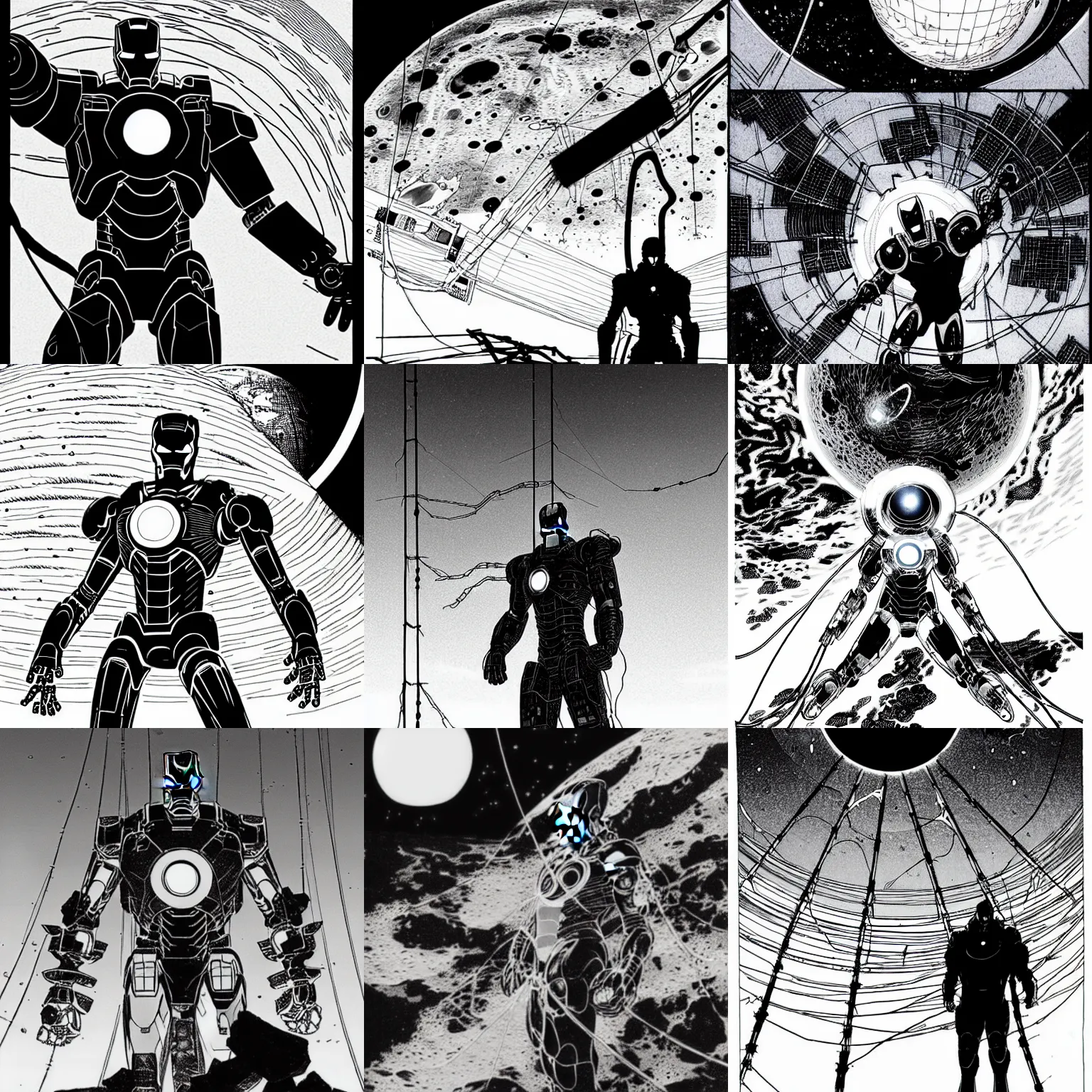 Prompt: dismantled iron man eats ice cream on the ogly destroed moon and looks at a distant wires earth, by tsutomu nihei, black and white