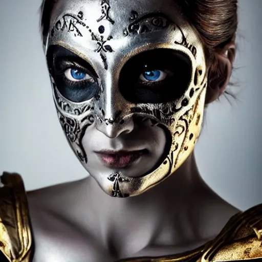 Image similar to A new dark hero for blockbuster movies. A beautiful woman wearing a silver skeletal mask, with an ancients, ultra-detailed pattern. Attractive eyes. A fearless smile. Blurred background. Earrings. Golden