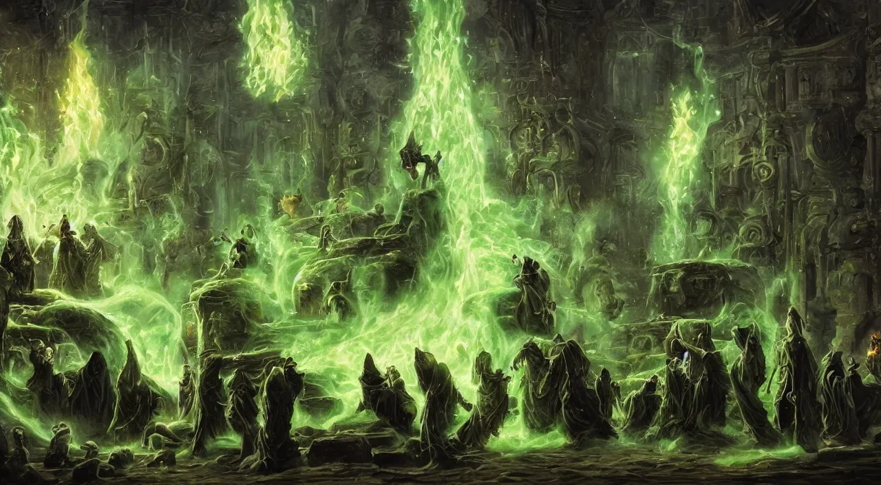 Image similar to A highly detailed oil painting by Greg Rutkowski of a group of sorcerers wearing black robes making a potion in a huge bubbling cauldron glowing bright green, with lots of fire coming from it, highly detailed fantasy concept artwork, very realistic, green and black color scheme, graffiti.