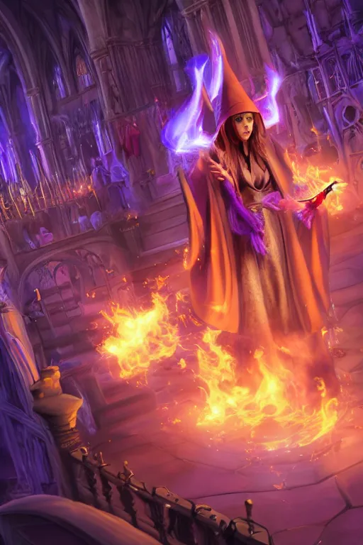 Image similar to short woman in prudish purple wizards apprentice robes with pointy hat at a crowded magical university, a flaming magical red flame hummingbird pet, full body shot unreal engine hyperreallistic render 8k character masterpiece digital art, cell shader shading, raytracing, comic art, manga, trending on Artstation, CGSociety