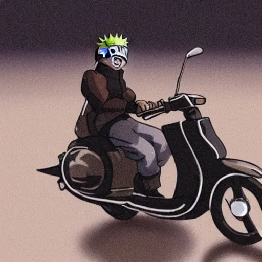 Image similar to Photorealistic photograph of Naruto smiling while driving a moped during a rainy night, 35mm photograph, realistic, heavy detail