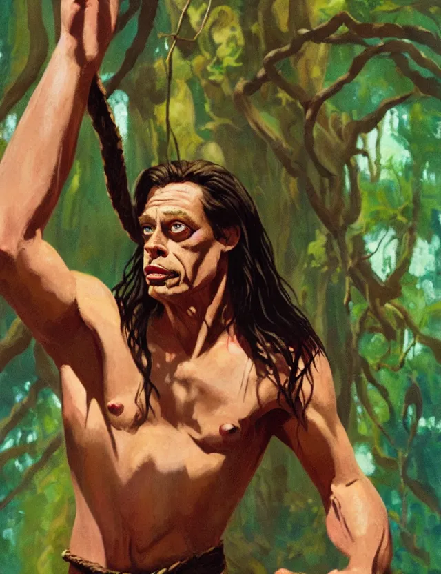 Prompt: steve buscemi swinging as tarzan. gouache fairytale art, russian romanticism, muted palette, backlighting, depth of field