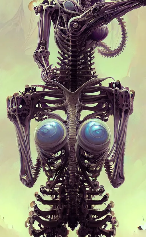 Image similar to Cyborg biomechanical jellyfish skeleton, sci-fi, highly detailed, digital painting, artstation, concept art, smooth, sharp focus, illustration, art by artgerm and greg rutkowski and alphonse mucha