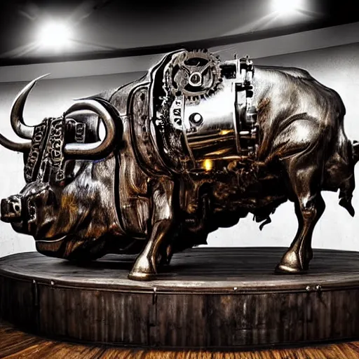 Prompt: a clockwork mechanical bull there are gears sticking out of the bull steam emanates from the bull and thick clouds of steam swirl around the clockwork bull, ultra high detail, high particle effects, highly reflective surface, realistic reflections