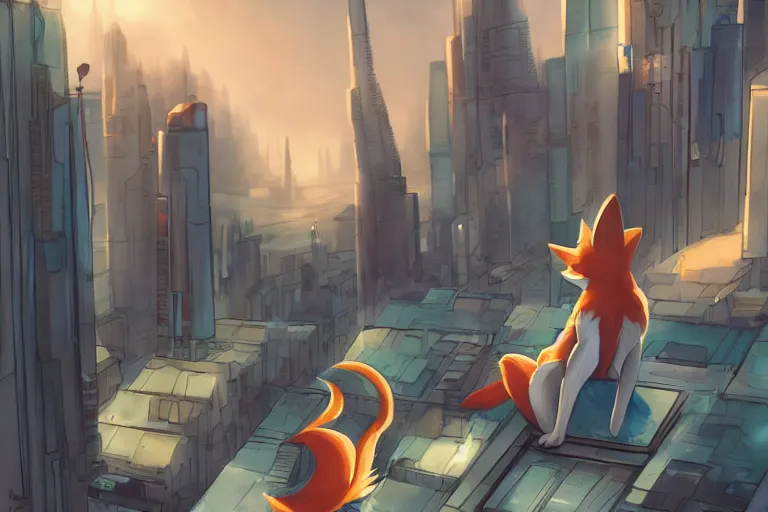 Image similar to an anthropomorphic fox with a fluffy tail staring over a futuristic city from the top of a roof, comic art, trending on furaffinity, cyberpunk, backlighting, cartoon