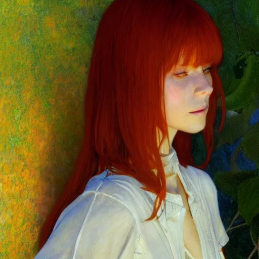 Image similar to A young woman with orange long hair and bangs in shorts and white shirt drawn by Donato Giancola and Makoto Shinkai, frank frazetta, Alphonse Mucha, background by James Jean and Gustav Klimt, 4k, porcelain skin, volumetric lighting, french nouveau, trending on artstation, octane render, hyperrealistic