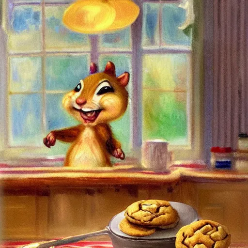 Prompt: ! dream chipmunks in a kitchen baking cookies, vintage kitchen, monet, painting, impressionism, chipmunk animal, baking cookies, colorful, accurate, artstation award, concept art