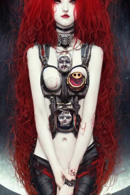 Image similar to portrait of cute beautiful young goth maiden, red hairs, cyberpunk, Warhammer 40000, gothic, highly detailed, artstation, illustration, art by Gustav Klimt and Range Murata