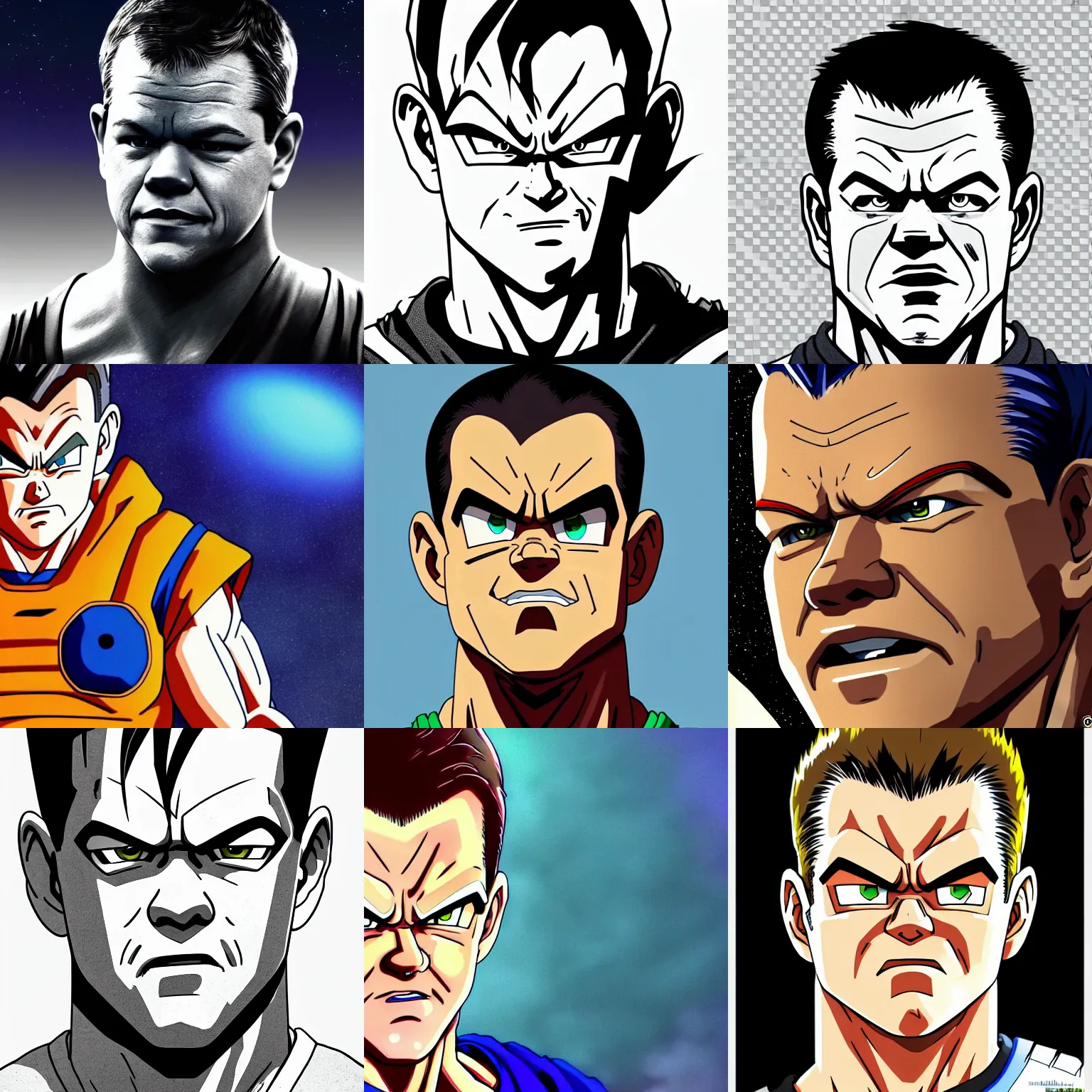 Prompt: matt damon!!! big head close up concept art of matt damon as a dragon ball character, beautiful landscape, 4 k anime character lineart flat ink by akira toriyama, artstation